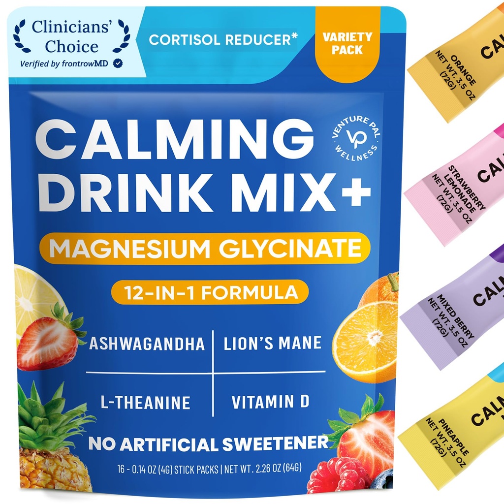 Venture Pal Calming Drink proszkowany Mix, Magnezu Glicynian, Ashwagandha, L-Theanine, Witamina D, Lwy Mane, Sugar Free Magnezu Suplement mieszanki dla Relax & Focus, Nie GMO, Wegan, On Go