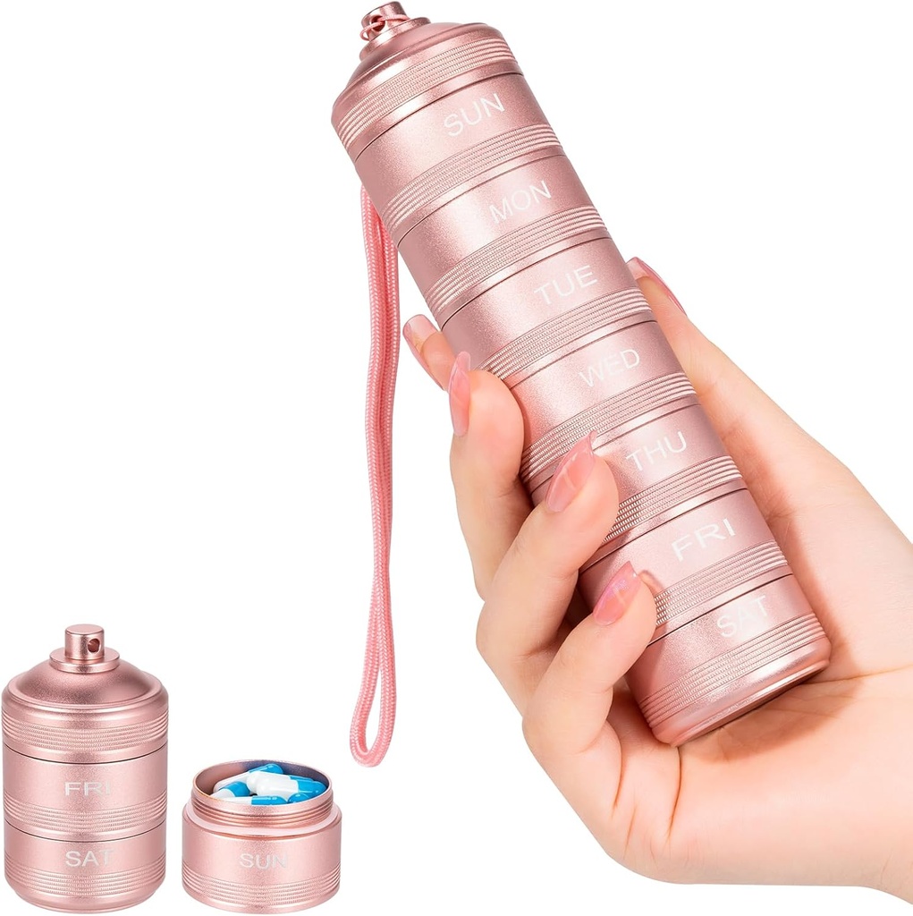7 Day Metal Pill Organizer - wodoodporny Travel Vitamina Case Pill Box, Codzienne Pill Container 7 Komory, Cotygodniowe Pill Kontenery do suplementów medycznych Olej rybny, Różowy