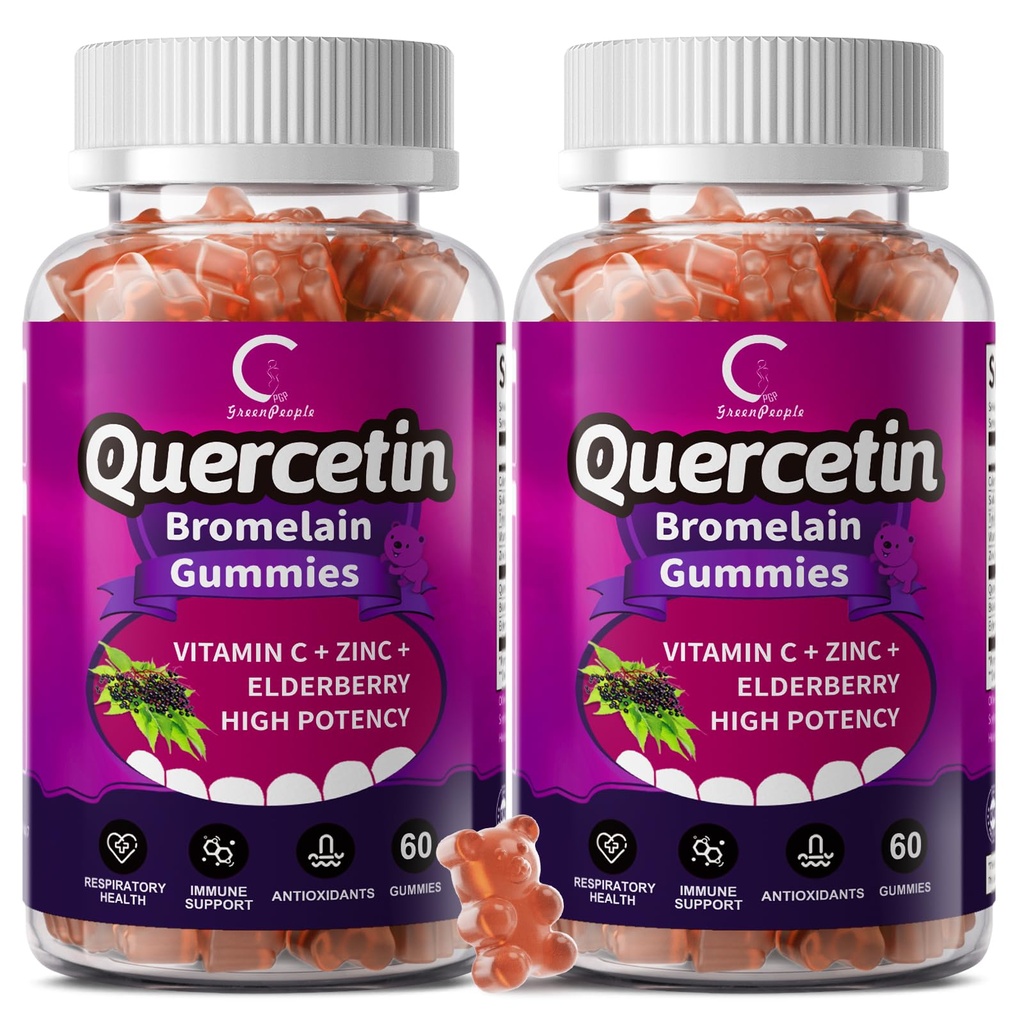 Quercetin Gummies - Quercetin z bromelainą, Witaminą C, Cynk i Elderberry, Dodatkowa Siła Immune System Booster, Lung Support Supplement for Adult Kids - 60 Quercetin Gummies (2 Pack)