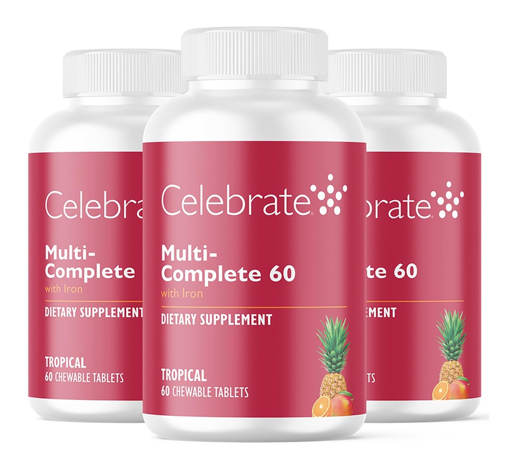 Świętuj Witaminy Wielokompletne Chewables, 60 mg Żelazo - Codzienna Multiwitamina Bariatryczna dla Gastrektomii Sleeve & Gastric Bypass Chirurgii Pacjenci - Witaminy zasadnicze i minerały - Tropikalne (180 tabletek)
