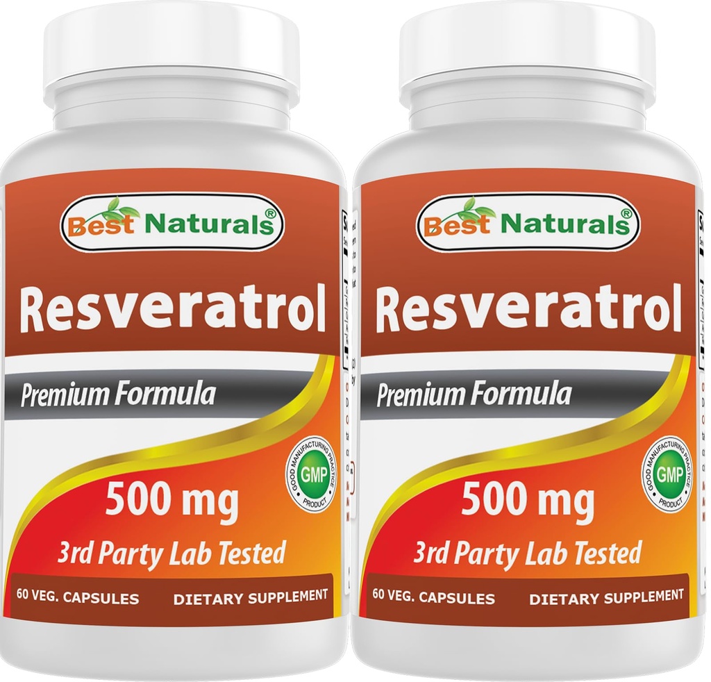 Najlepsze Naturals 2 Opakowania Resveratrol Complex 500 mg 60 Kapsułki Veg Made with Grape Skin, Czerwone wino, Quercetin - Gluten Free & Non GMO - (Razem 120 Kapsułki)