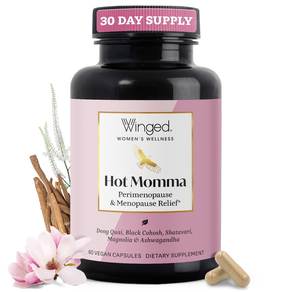 Winged Wellness Hot Momma Menopauza Suplementy dla kobiet - Menopauza wolna od hormonów Wsparcie ulgi dla gorących błysków i nocnych potów z Chaste Tree Berry, Multivitamins & More - 60 Kapsułki wegetariańskie