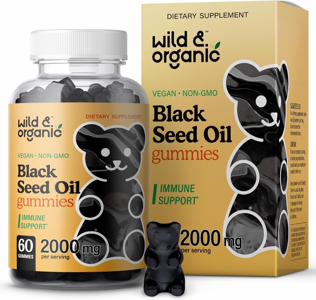 Wild & Organic Black Seed Oil Gummies 2000mg - Support Hair Skin and Nails w / Cumin Oil - Nigella Sativa - Black Seed Gummies for Immunity - 60 Omega 3 6 9 Chews