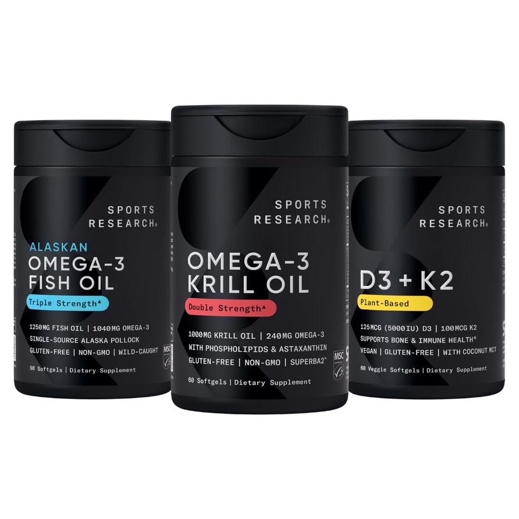 Sport Badania Antarktycznego Kryla Omega 3 1000mg (podwójna moc) z fosfolipidami, Cholina i Astaksantyna, Potrójne Siła Omega 3 Ryby Oil Single- Źródło Dzika Alaska Pollock 1250mg, Witamina D3 K2