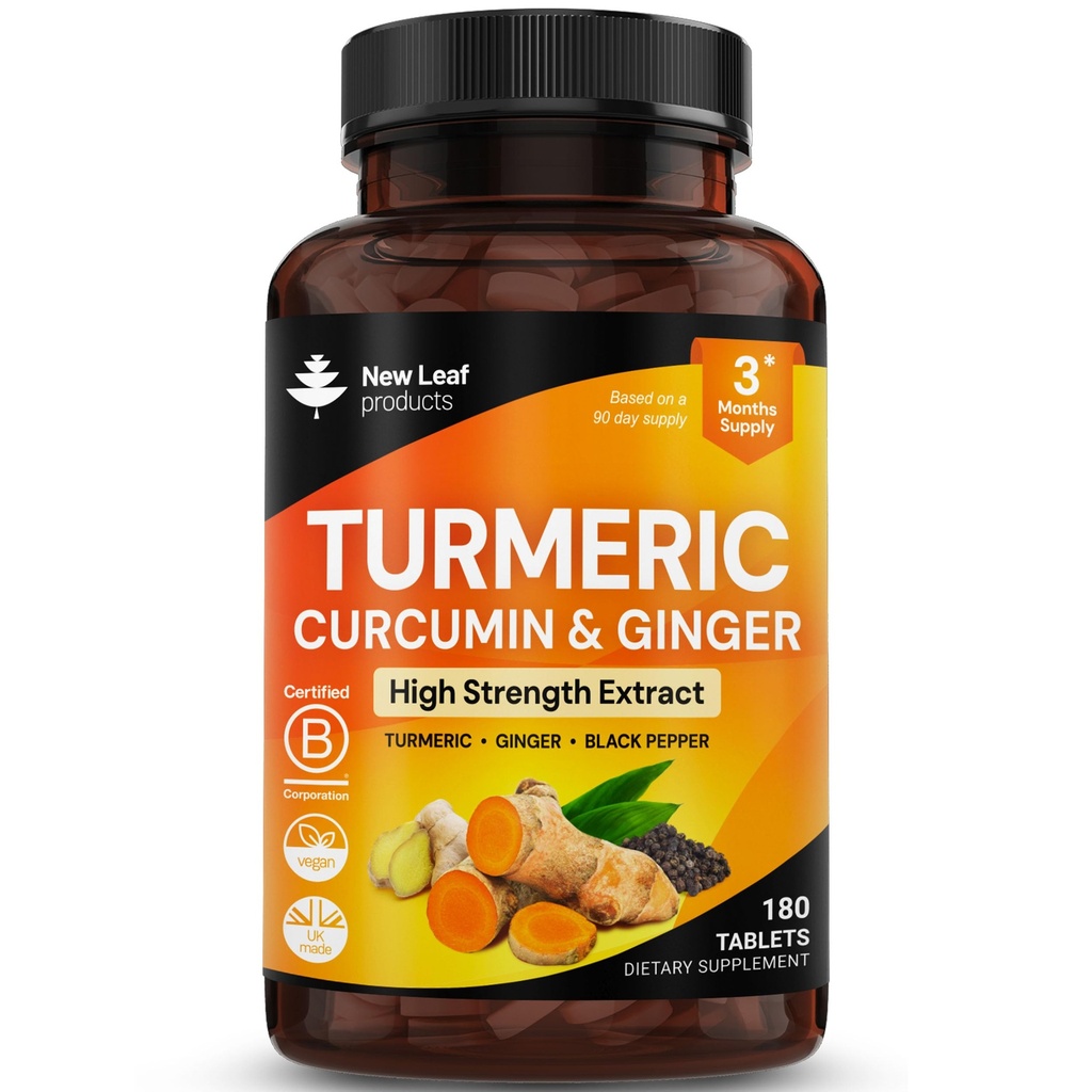 Turmerowe tabletki z czarnym pieprzem i imbirem - kurkumina - 180 Turmeric i Black Pepper tabletki (3 Miesiąc) Wysoka siła Aktywne suplementy turmerowe nie kapsułki, przez Nowy Liść