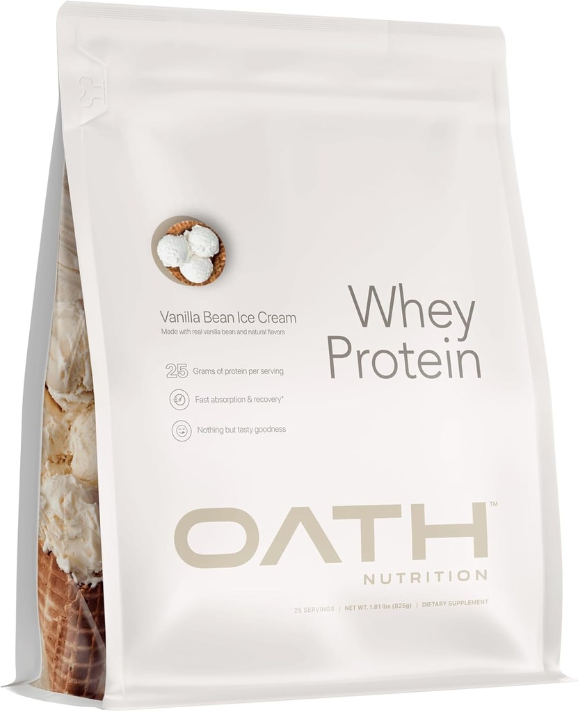 OATH NUTRITION Proszek z białka serwatki, Lody waniliowe, 25 gramów białka i tylko 1 gram cukru na porcję, 2 funty, 25 porcji