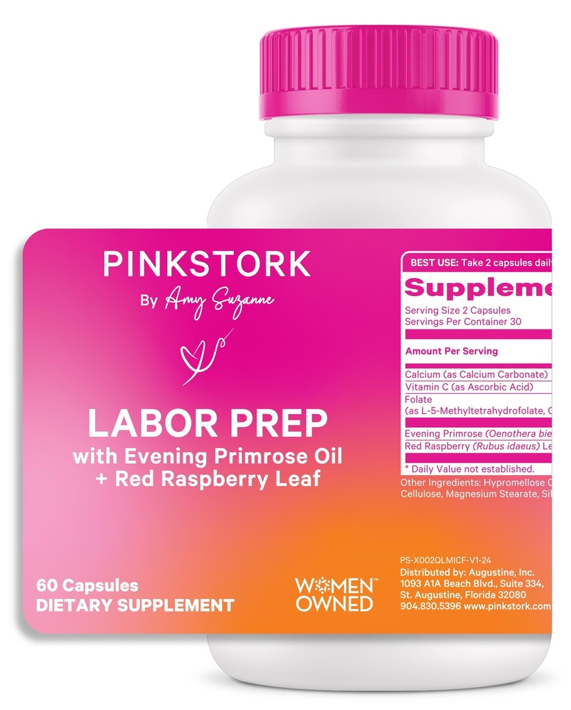 Pink Bocian Labor Prep Supplement - Wieczorny Primrose Oil & Red Malina Leaf dla trzeciego Trimester, Delikatna Labor & Postpartum Wsparcie, Ciąża & Karmienie piersią Sejf, 60 Kapsułki wegańskie