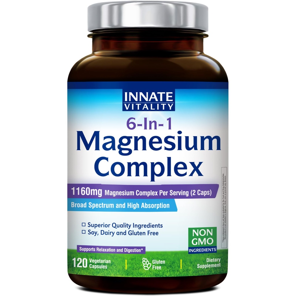 Wrodzona witalność Magnezu Complex 6- in-1, 1160mg Per Serving, Odpoczynek i Spożywanie, Glicynian magnezu & Cytrynian, Wysoka Absorpcja, 120 Kapsułki wegańskie