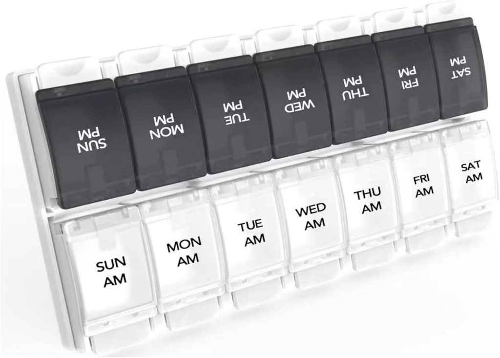 Sukuos AM PM Weekly 7 Day Pill Organizator, 2 razy dziennie Pill Box z artretyzmu Przyjazny przyciskiem, Lekarskie skrzynie na witaminy / olej rybny / suplementy, Łatwy do czyszczenia (czarny i biały)