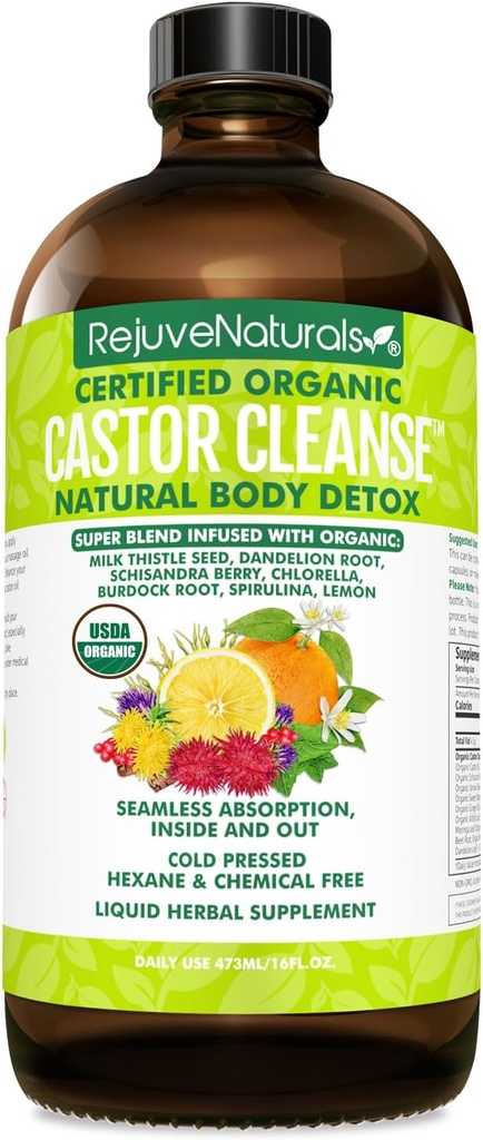 RejuveNaturals Castor Cleanse ™ - USDA Organic Castor Oil, Chlorella, Spirulina, Roots & Zielone dla Wellness, Digestive Support, Daily Balance. 3- Month Supply Gut Cleanse Detox dla kobiet i mężczyzn - 16oz.