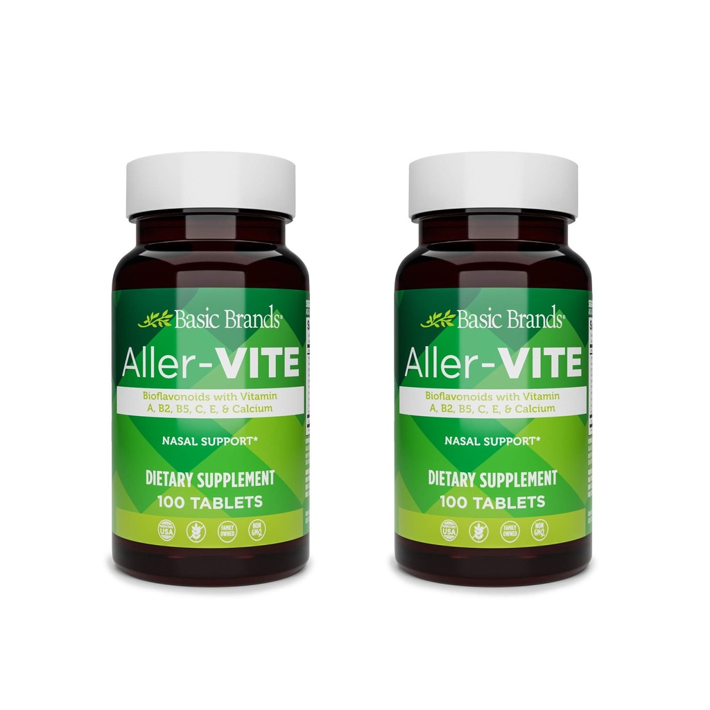 Basic Brands Aller- Vite - Natural Allergy Relief Tablets - Homeopatic Sinus & Nasal Support with Bioflavonoids, Vitamin A, B2, B5, C, E & Wapń - 100 Vegan Tablets - 2- Pack