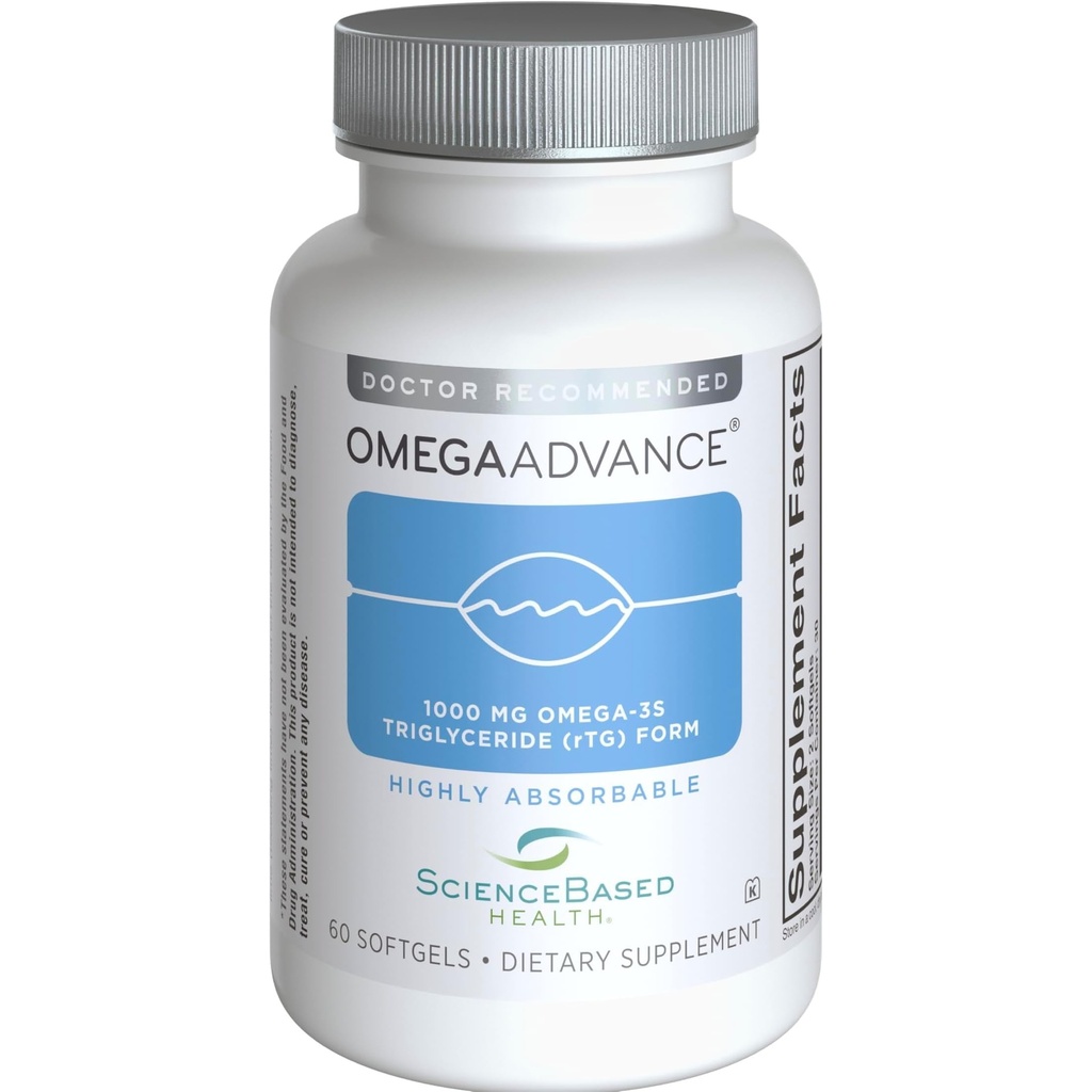 OmegaAdvance Omega-3 Fish Oil - Trigliceryde Form with 1000 mg EPA & DHA - Plus Lutein & Zeaksantyna - Supports Heart, Brain Health and Eye Health - Lemon Coated - 60 Softgels