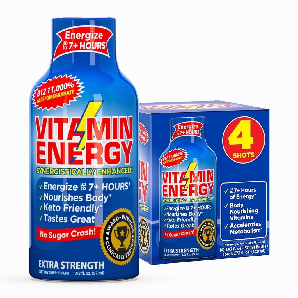 Witamina Energia B12 11,000% Dodatkowa Energia Energy Shot Açaí Pomegranat 4 Pack, 260mg Naturalna kofeina, B12 & B6, Nootropowe Focus, Witalność, Zero Cukier, Gluten- Free, Wegan, Kosher, 1.93 fl oz