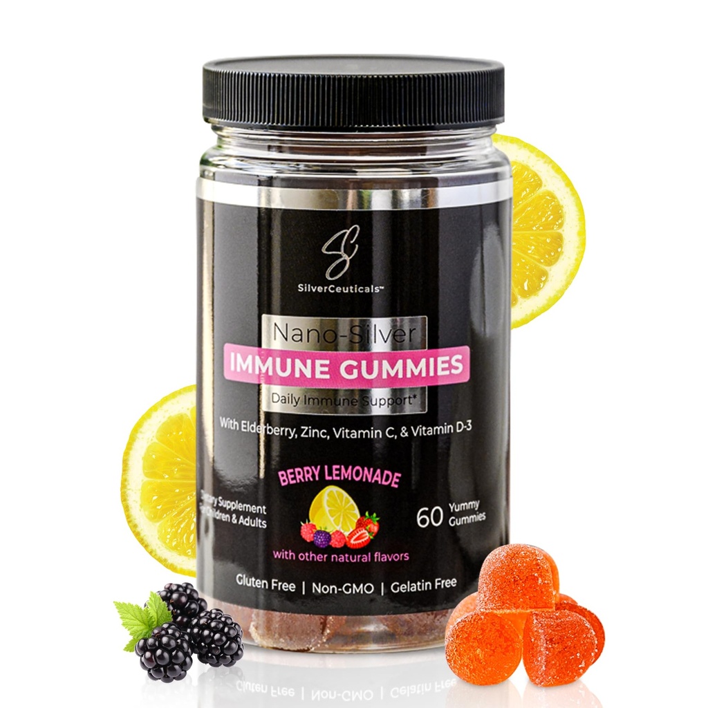 Gummie immunologiczne - Sambucus Elderberry - Witamina C & D - Cynk - Zapisz swoje chorobowe dni - Dzieci i dorośli - Safe Ages 4 & Up - Nano Colloidal Silver - Gluten & Gelatin Free Non-GMO - Berry Lemonade - 60 Count