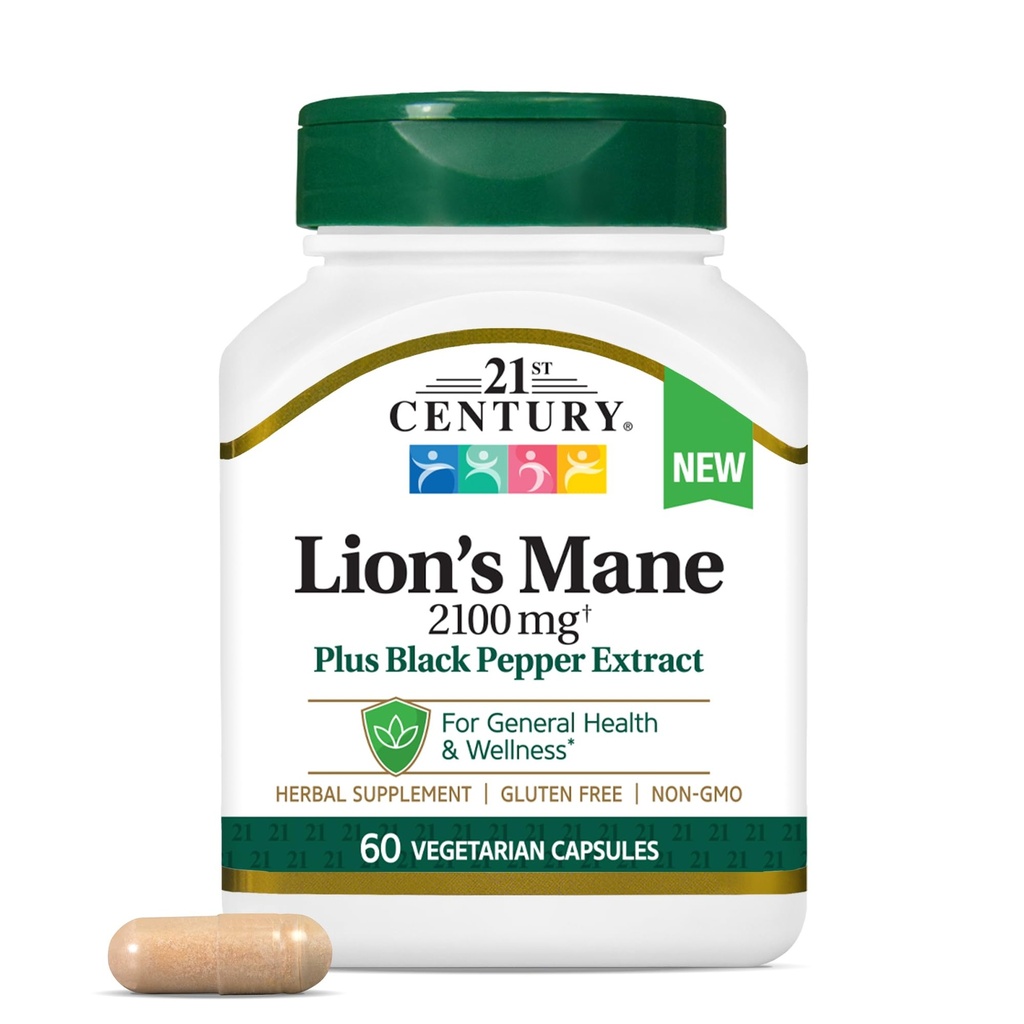 21. Century Lwie 's Mane 2,100 mg, Plus Black Pepper Extract, Kapsułki wegetariańskie, 60 Hrabia
