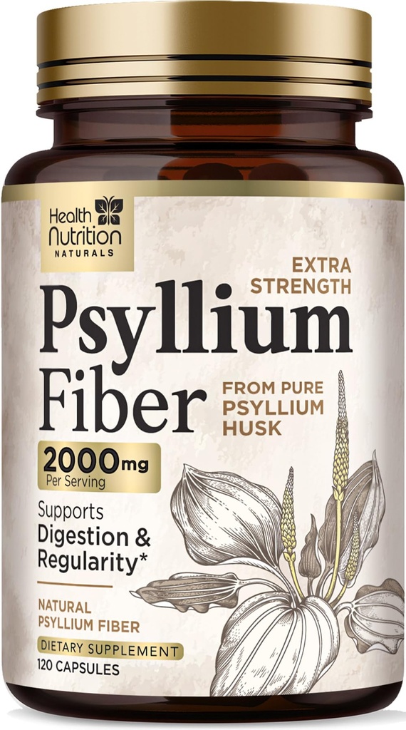 Pyllium Husk kapsułki 1500 mg - Natural Fiber Supplement Pills, Daily Disease, Colon Health, & Regularność Wsparcie, Psylium Husk Powder Caps, Wegan, Non-GMO - 120 Kapsułki wegetariańskie