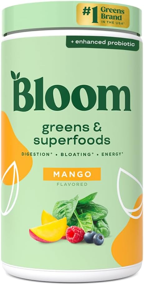 Bloom Nutrition Superfood Zielonych Proszek, Enzymy z probiotyki i prebiotyki, Gut Health, Bloating Relief dla kobiet, Chlorella, Zielony Sok Mix z buraka korzeniowego proszku, 60 SVG, Mango