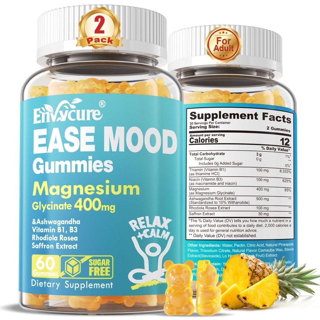 Bez cukru Glucynian magnezu Gummies 400mg z Ashwagandha, B1, B3, Rhodiola Rosea & Saffron dla wsparcia odpoczynku, Nastrojowe i spokojne Gummies magnezowe dla dorosłych, suplement do żucia magnezu, Wegan, 120Ct