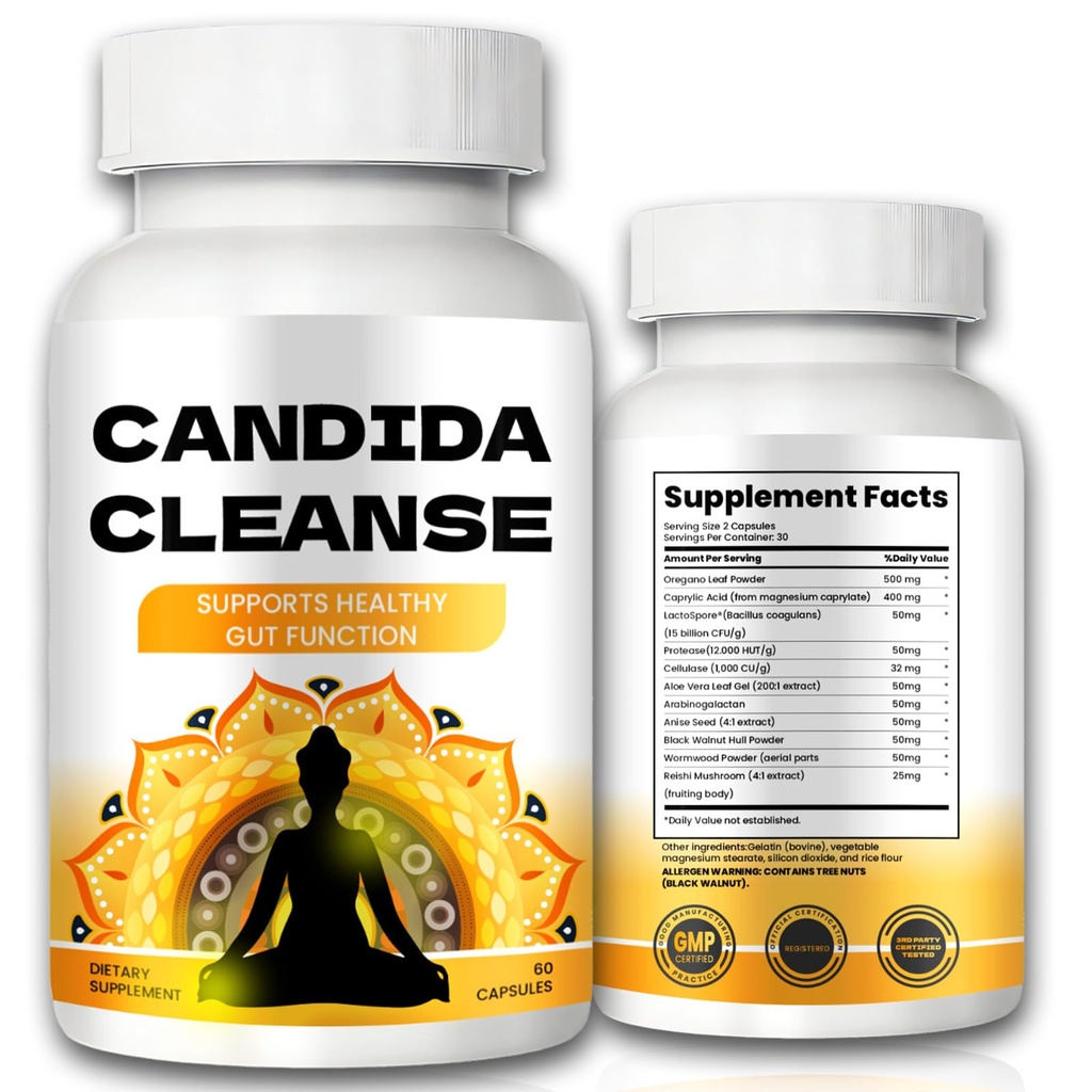 Candida Cleanse - Gut & Colon Support, Advanced Formula - Oregano Leaf, Wormwood, Black Walnut, Kwas kaprylowy