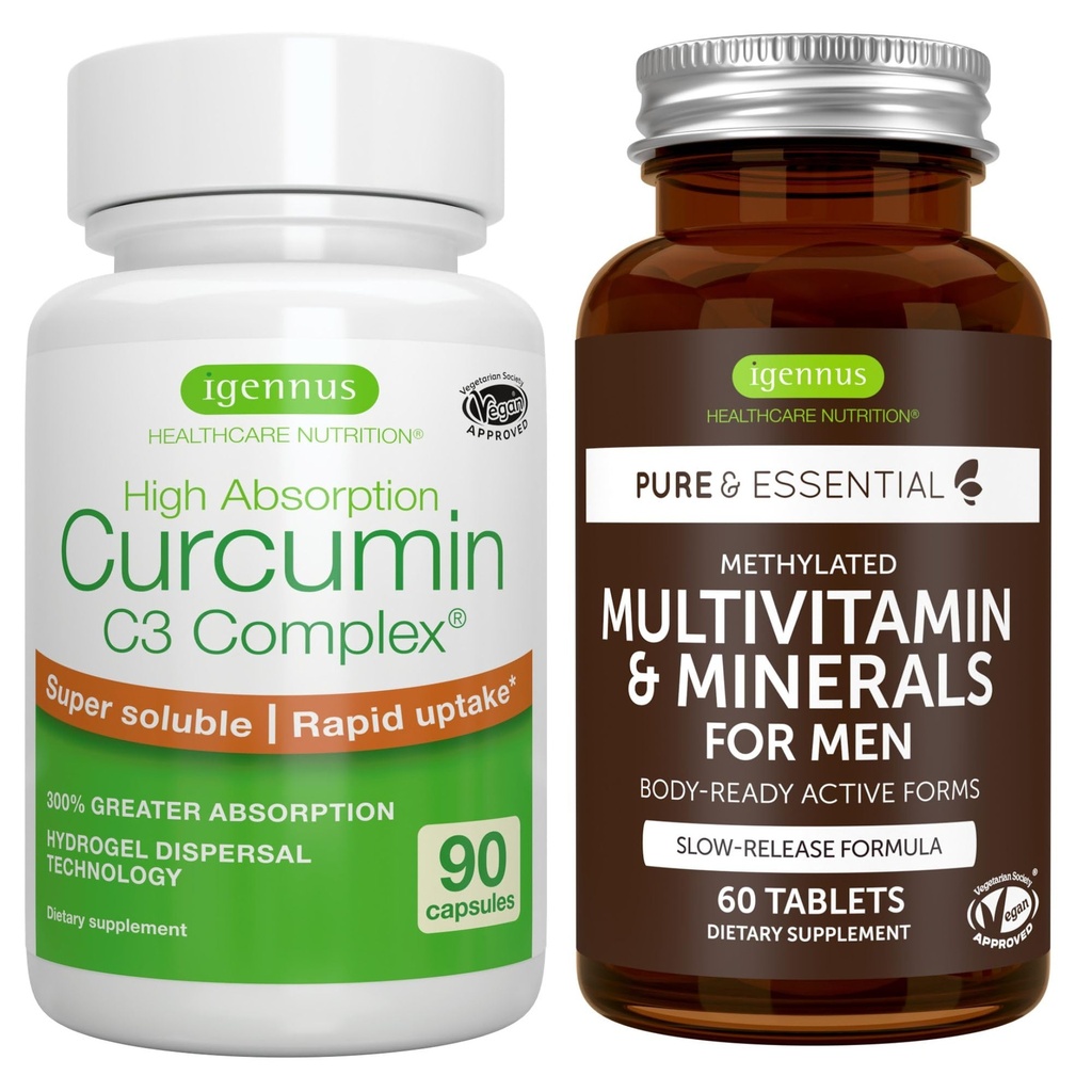 Multivitamin & Minerals dla mężczyzn + Wysoka Absorpcja Kurkumina C3 Complex, Wegan Bundle, Trwała Release Advanced Multivitamin + 300% Większa Absorpcja Kurkuminoidy z szybkiego wchłonięcia, przez Igennus