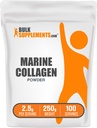 BulkSupplements.com Marine Collagen Powder - Marine Collagen Peptydes Supplement, do włosów, skóry, & paznokci - Hydyrolyzed & Gluten Free, 2,5g na serving, 250g (8.8 oz) (Opakowanie po 1)