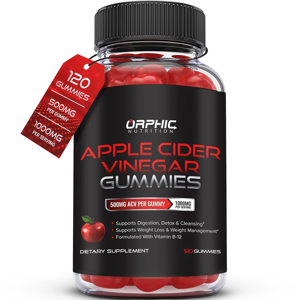 ORPHIC NUTRITION Apple Cider Gummies - 1000mg - ACCV Weight Loss Gummies - Podtrzymuje trawienie, Detox & Cleansing - VIT B12, Beetroot - Gomitas de Vinagre de Manzana (120 szt.)