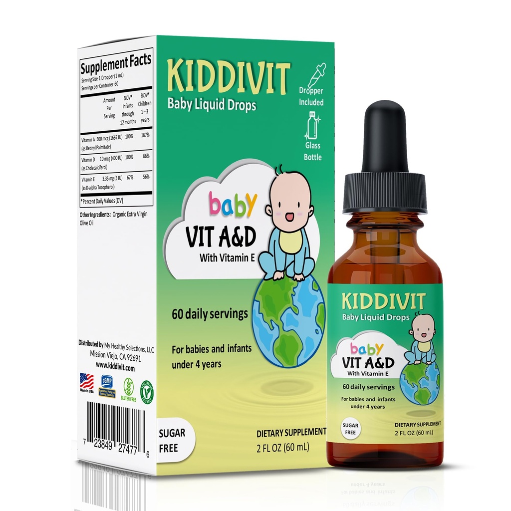Kiddivit Baby Witamina A & D Płynne krople z witaminą E - Delikatny Immunitet & Vision Supplement - 60 Codziennie Słupki, Dropper Zawarte, Butelka szklana - Bez cukru, Gluten Free, Wegetarianin, 2oz