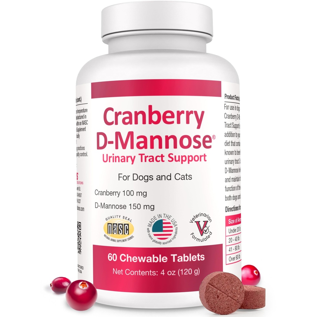 Żurawina D- Mannose Urynary Tract Supplement for Dogs & Cats - Bladder & UTI Health Support - Cranberry Extract, D- Mannose & Witamina C- Promotes Urnary Wellness & Nerki Function - 60 tabletek do żucia