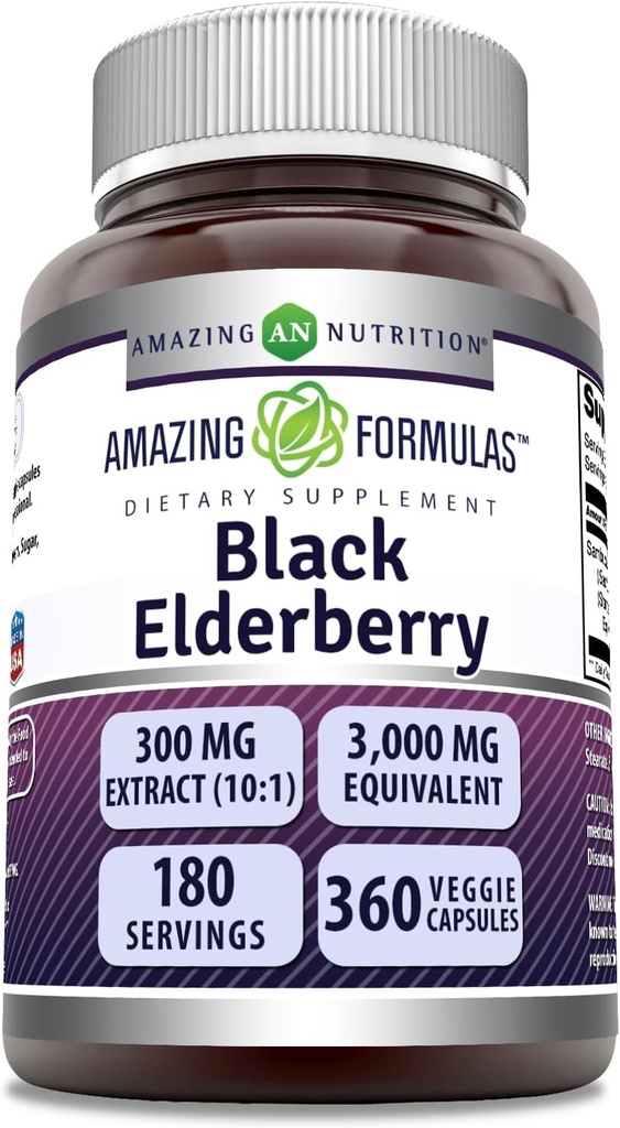 Amazing Formulas Sambucus Black Elderberry Breath 124; 300 Mg Extract 10: 1 (odpowiednik 3000 Mg) Breath 124; Veggie Capsules Breath 124; Non-GMO Breath 124; Gluten- Free Breath 124; Made in USA (1 Pack, 360 Count)