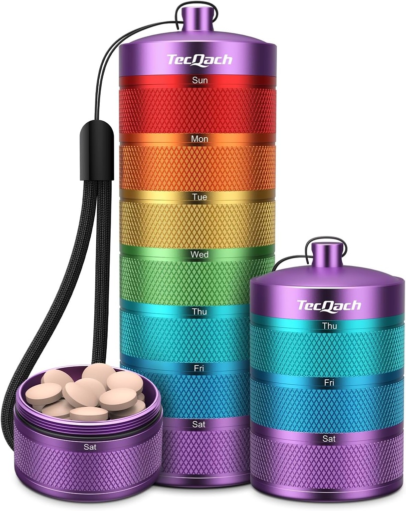 Metal Travel Pill Organizator, Waterproof Weekly Pill Box, Duży Aluminium Alloy przenośny pill Case Container, BPA Free 7 Daily Medicine Organizator Holder for Witamina, Suplement, Olej rybny (7 kolor)