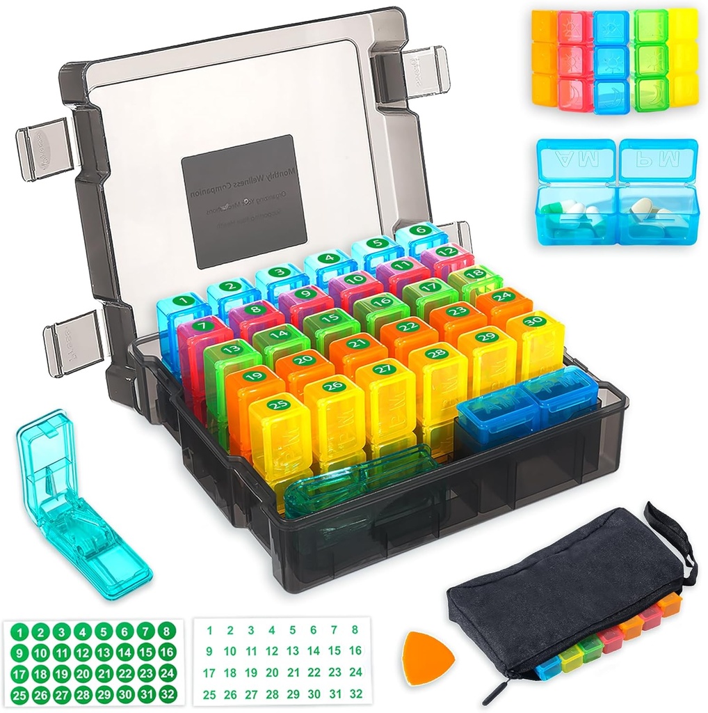 Monthly Pill Organizator 2 razy dziennie z 31- Day Moistureproof Box, Cotygodniowy Pill Bag, Pill Cutter, Plastic Otwarcie Pick for Easy Use, Duża pojemność dla wygodnego zarządzania lekami (czarny)