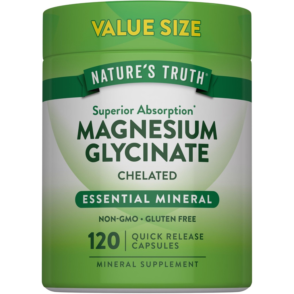 Nature 's Truth Magnezu Glycinate 200mg Agregat 124; 120 Kapsułki Agregat 124; Wysoka absorpcja Chelated Magnezu Agregat 124; Non- GMO & Gluten Free Suplement mineralny