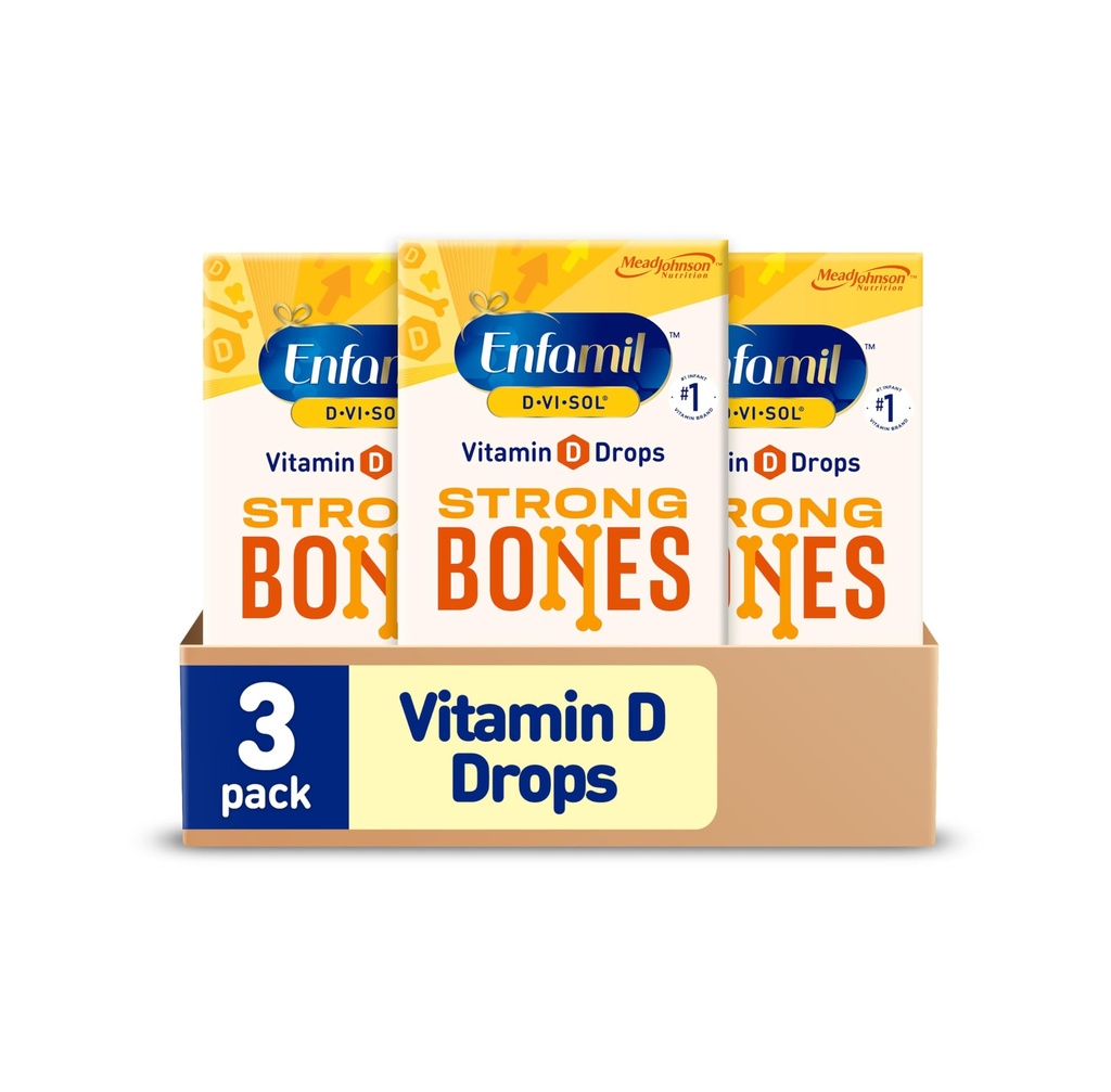 Enfamil Baby Witamina D- Vi- Sol Witamina D Płyn Suplement krople dla niemowląt, Wsparcie silne zęby i kości w nowo narodzonych dzieci, Easy- to- Use, Gluten- Free, 50 ml Dropper Butelka, Opakowanie po 3