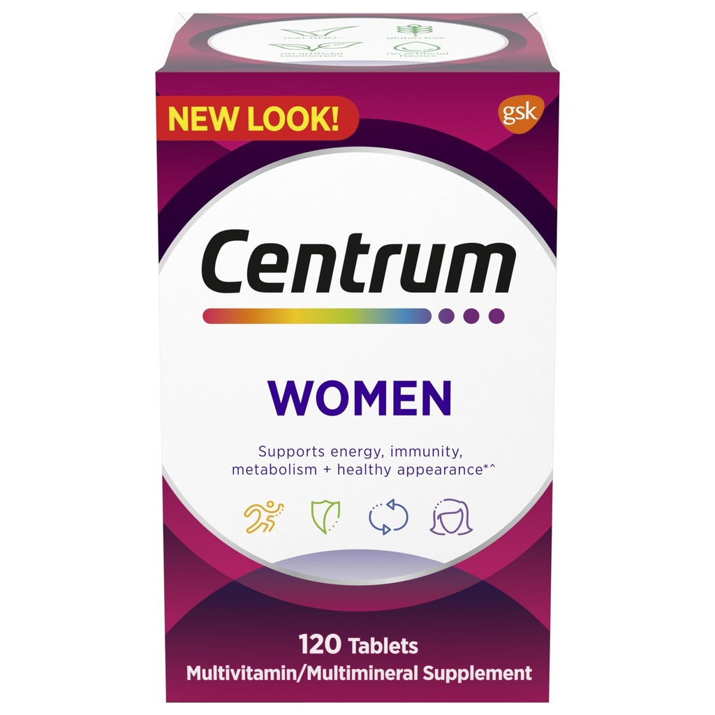 Centrum Multivitamin dla kobiet, Multivitamin / Multimineral Suplement z żelaza, Witamina D3, B Witaminy i przeciwutleniacze Witaminy C i E, Gluten Free, Non-GMO Składniki - 120 Liczba