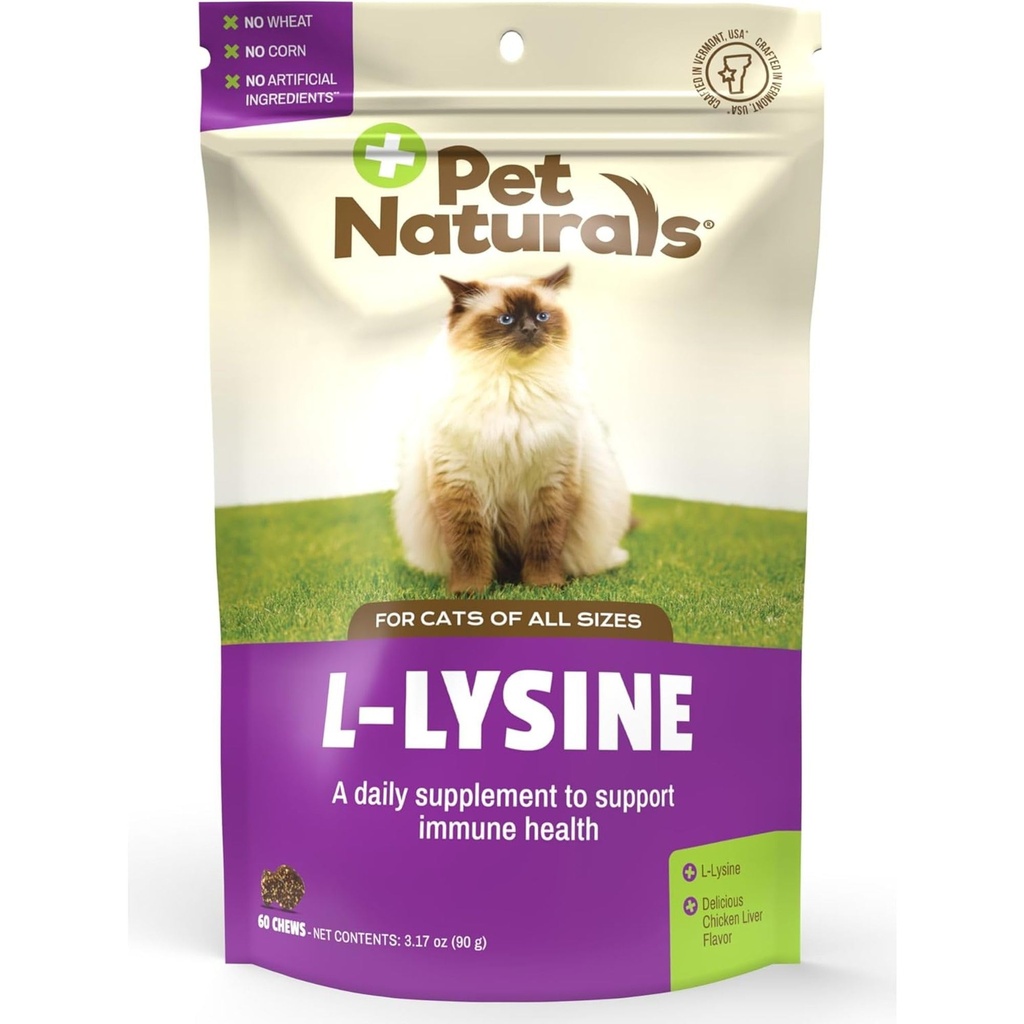 Pet Naturals Lysine for Cats, Chicken Flavor, 60 Chews - Wsparcie immunologiczne i oddechowe dla kotów - Bez pszenicy lub kukurydzy - Vet Zalecane