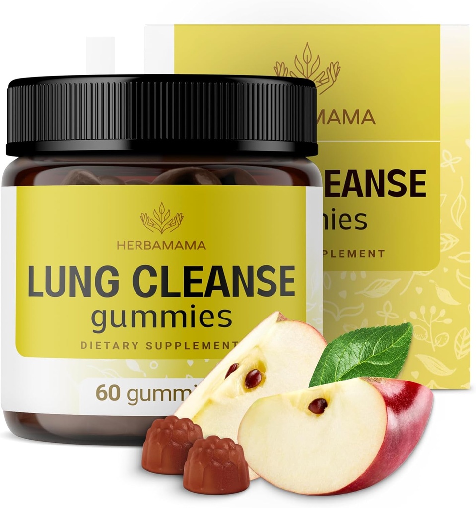HERBAMAMA Lung Detox Gummies - Kompleks ziołowy z mieszanką grzybową dla czyszczenia płuc - Wegan, niezmodyfikowany genetycznie suplement wsparcia oddechowego - 60 Pectin- Based Apple- Flavored Chews