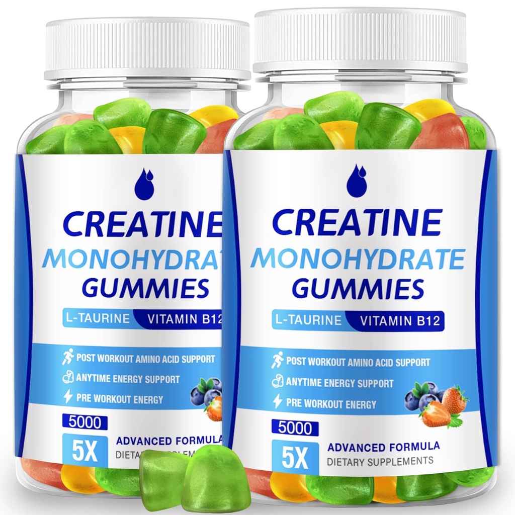 Monowodne Gummie Kreatyny 5000mg Kreatyna dla Kobiet i Mężczyzn 2 opakowania, Monowodny Kreatywny Chew dla Boost Focus, Siła mięśni, 5g Monowodny Kreatywa na Serving, Cukier wolny, Wegan