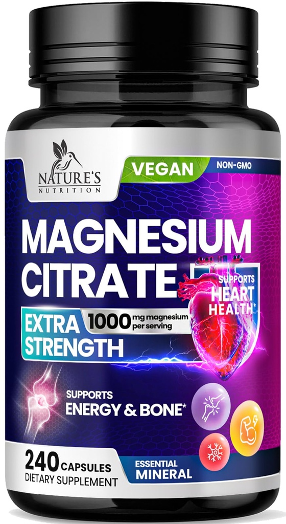 Magnezu Citrate Supplement Pills 1000mg - 3X Siła Magnezu Suplementy dla Kości, Mięśnie, Serce, Nature 's Sleep Support dla mężczyzn i kobiet, Wegan Mag Mineral, Non-GMO, Butelki w USA, 240 Kapsułki