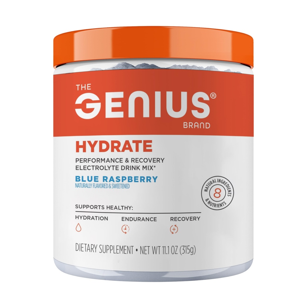 The Genius Brand Genius Hydrate - Suplement Electrolyte do codziennej nawodnienia - Woda kokosowa - Bez cukru - 8 Minerały zasadnicze i składniki odżywcze - Non-GMO - Błękitna Malina - 50 Służenie
