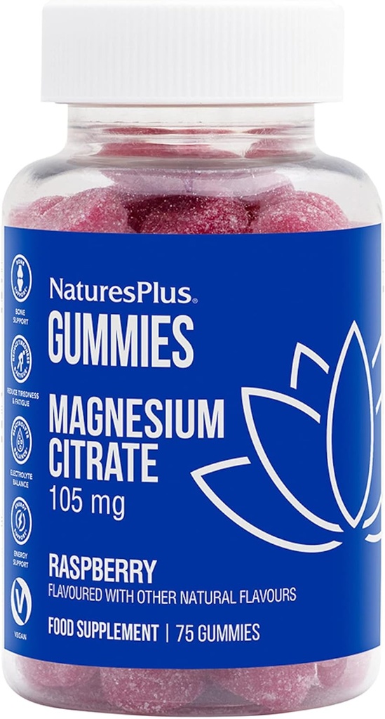 NaturesPlus Gummies Magnezu Citrate - 75 Gummies, Malina - Pomaga uspokoić umysł i ciało, Wspiera gęstość kości - wegetarianin, Gluten Free, Non-GMO - 25 Służenie