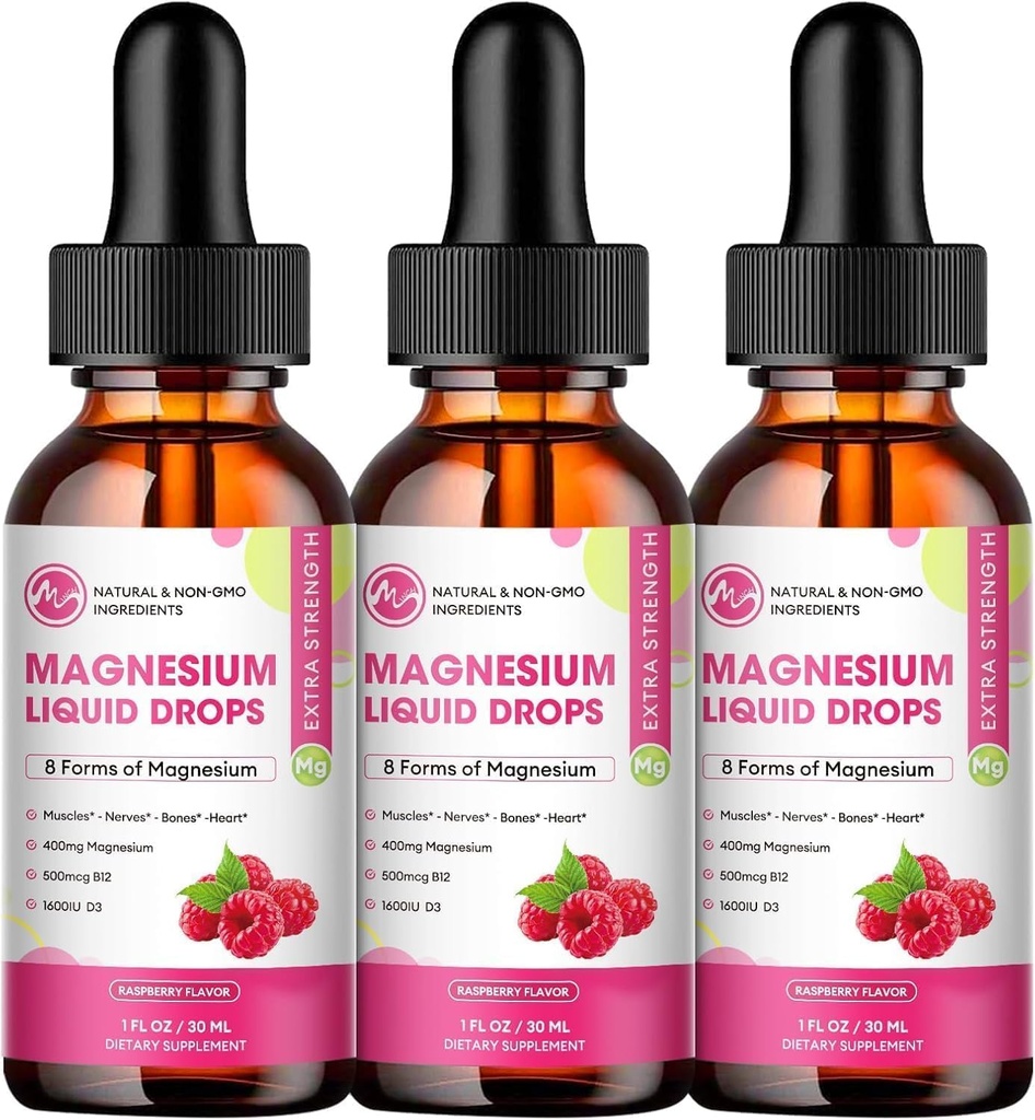 (3 Pack) Magnezu płynne krople - 8 w 1 Magnezu Complex Suplement z Magnezu Glicynian, Cytrate, Malate, Taurate, dla mózgu, Noc, Mięśnie, Kości, Krampy, Malina Flavor