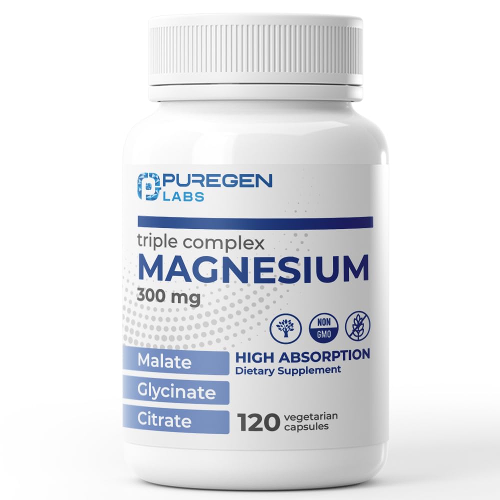 Puregen Labs Triple Magnezu Complex 300mg Magnezu Glycinate, Malate, & Citrate [Wysoka Absorpcja] 120 Veg kapsułki 124; No Harmful Additives Bird124; Non-GMO, NO Gluten i Dairy Bird124; Made in USA
