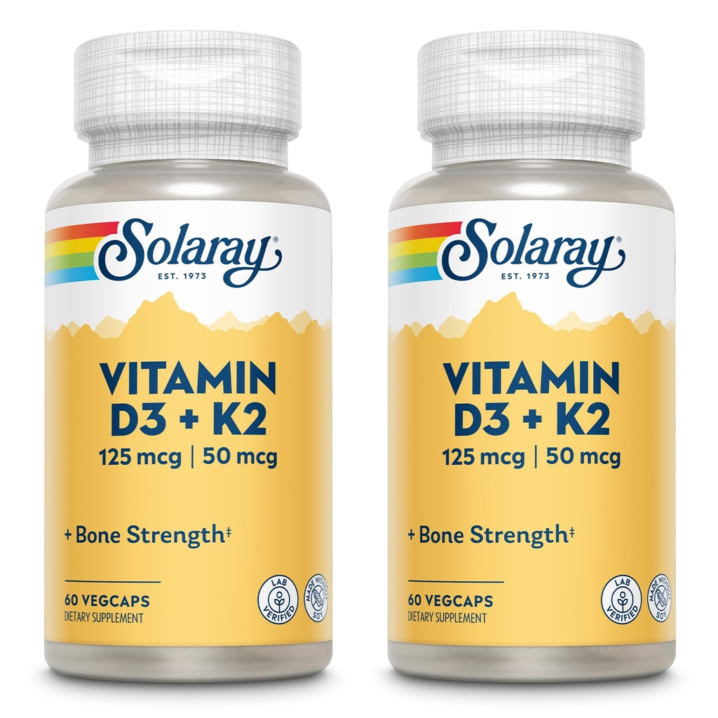 SOLARAY Witamina D3 + K2, D & K Witaminy do absorpcji wapnia i wsparcia dla zdrowego układu sercowo-naczyniowego i artretyzmu, nieGMO i bez soi