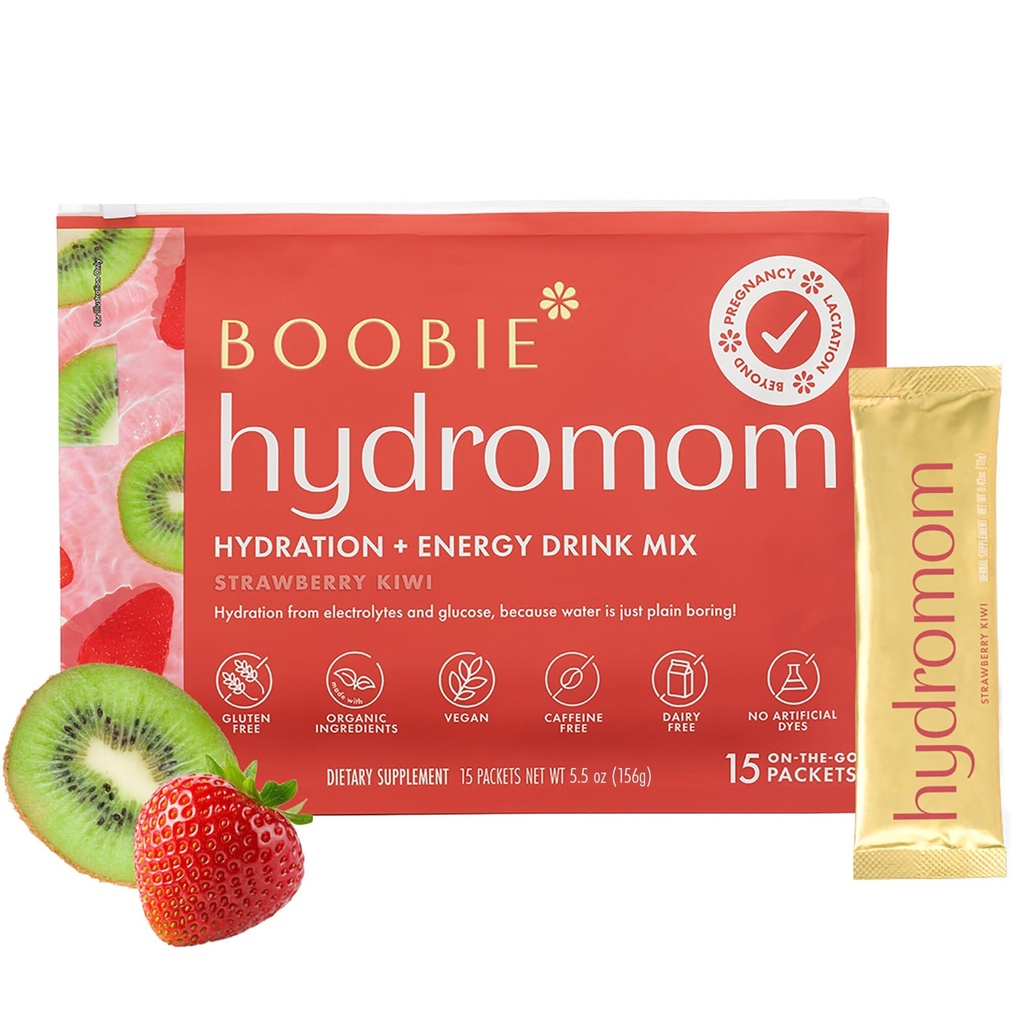 Boobie Hydroma Superfood Electrolyte Drink Mix, Truskawki Kiwi 124; Odświeżająca energia i nawilżenie Boost dla Mamas 124; On- The- & Travel Essentials dla ciąży, Laktacja, & Poza, 15 Pakiety
