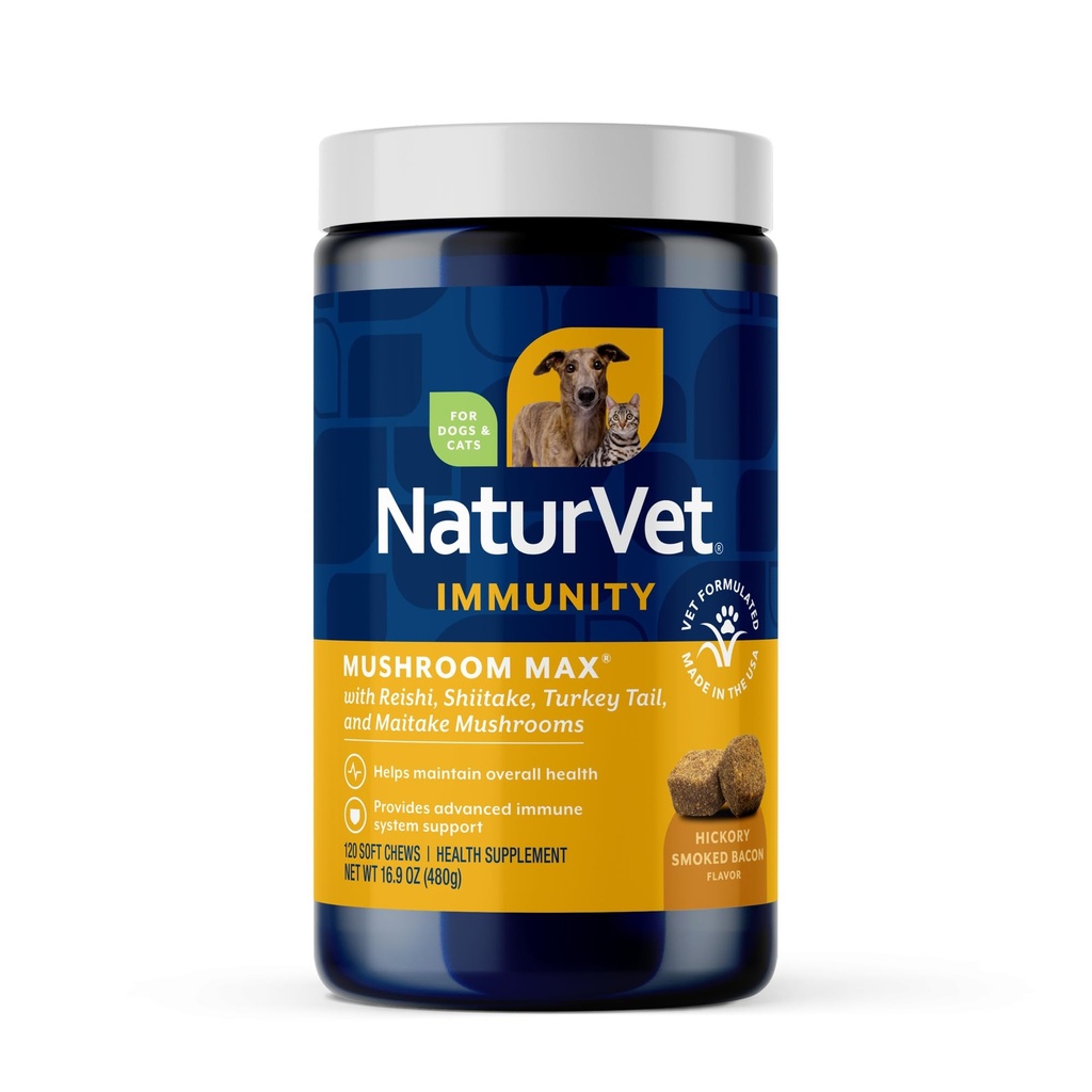 NaturVet Mushroom Max Advanced Immune Supplement Dog - Pomaga wzmocnić odporność, Ogólny Zdrowie psów - Zawiera Grzyby Shitake, Reishi, Turcja Tail - 120 Ct.