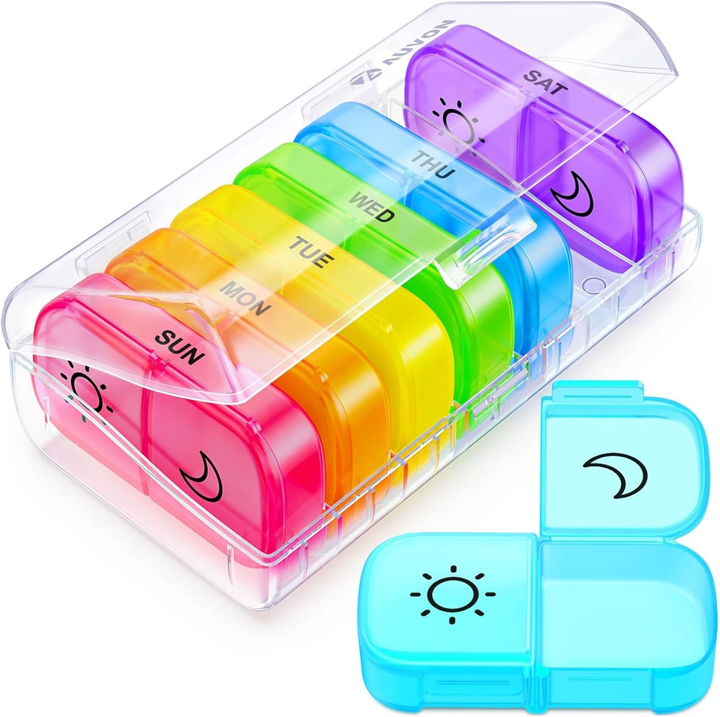 AUVON XL Cotygodniowy pill Organizator 2 razy dziennie z dużym otwarciem dla łatwego napełniania, AM PM pill Box 7 Dzień w tęczowych kolorach, Przenośny Travel pill Case for Medication, Witaminy, Oleje rybne, Suplementy