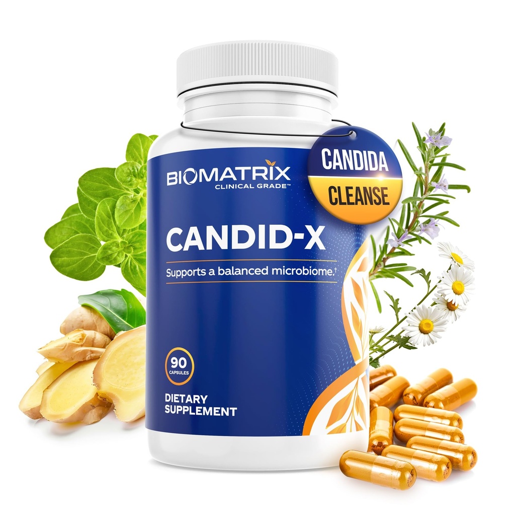 BioMatrix Candid- X Gut Cleanse with Berberine, Oregano, Sodu Caprilate, Rumianek, Ginger, PAU D 'arco, Suplement diety dla mężczyzn i kobiet 124; 90 Kapsułki