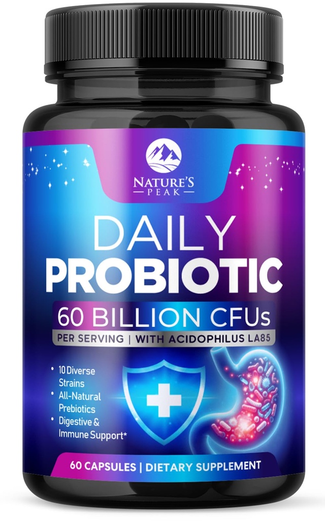 Probiotyka 60 Miliard CFU - 10 Szczepów + Enzymy i Prebiotyki - Najlepszy Probiotyk dla Kobiet i Mężczyzn, Wspiera immunologiczne, Gut Health, Sporadyczne zaparcia, Biegunka, Gaz & Bloating - 60 Kapsułki