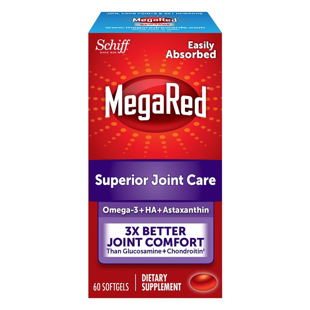 Omega-3 Oil kryll and Joint Supplement - Megared Joint Care 60 softgels - EPA / DHA kwasy tłuszczowe, przeciwutleniacze, kwas hialuronowy, Brak posmaku beczka rybnego jak w oleju rybnym