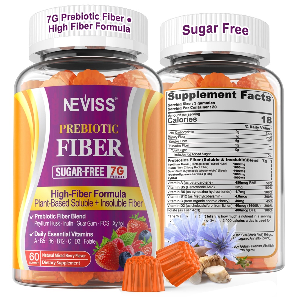 1Pack Fiber Gummies dla dorosłych z Psyllium Husk, 7G (Rozpuszczalny + Nierozpuszczalny) Codzienne Prebiotyczne włókno z Inuliną, FOS, Guar Gum, Multivitamin dla Daily Digestive Health, Regularność Gut Support, Cukier wolny